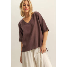Load image into Gallery viewer, V-Neck Oversized Semi-Sheer Cotton Top: BROWN