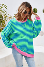 Load image into Gallery viewer, Stripe Contrast Trim Oversized Pullover Sweatshirt: Red Stripe