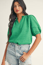 Load image into Gallery viewer, Textured Puff Short Sleeve Notched V Neck Top: Bright Green