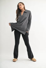 Load image into Gallery viewer, Cotton Blend Waffle Knit Oversized Collared Long Sleeve: Black
