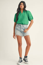 Load image into Gallery viewer, Textured Puff Short Sleeve Notched V Neck Top: Bright Green