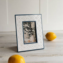 Load image into Gallery viewer, Penelope 4x6 Photo Resin Stamp Picture Frame Blue and Cream