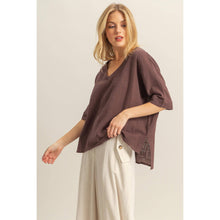 Load image into Gallery viewer, V-Neck Oversized Semi-Sheer Cotton Top: BROWN