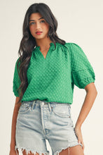 Load image into Gallery viewer, Textured Puff Short Sleeve Notched V Neck Top: Bright Green