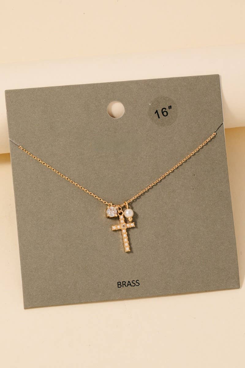Cross Pearl And Cz Stud Charms Chain Necklace