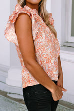 Load image into Gallery viewer, Floral Ruffle Sleeve Split Neck Blouse: Orange
