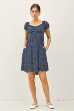 Load image into Gallery viewer, FLORAL PRINT PUFF SLEEVE RUCHED BUST MINI DRESS: Indigo
