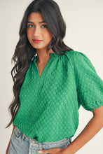 Load image into Gallery viewer, Textured Puff Short Sleeve Notched V Neck Top: Bright Green

