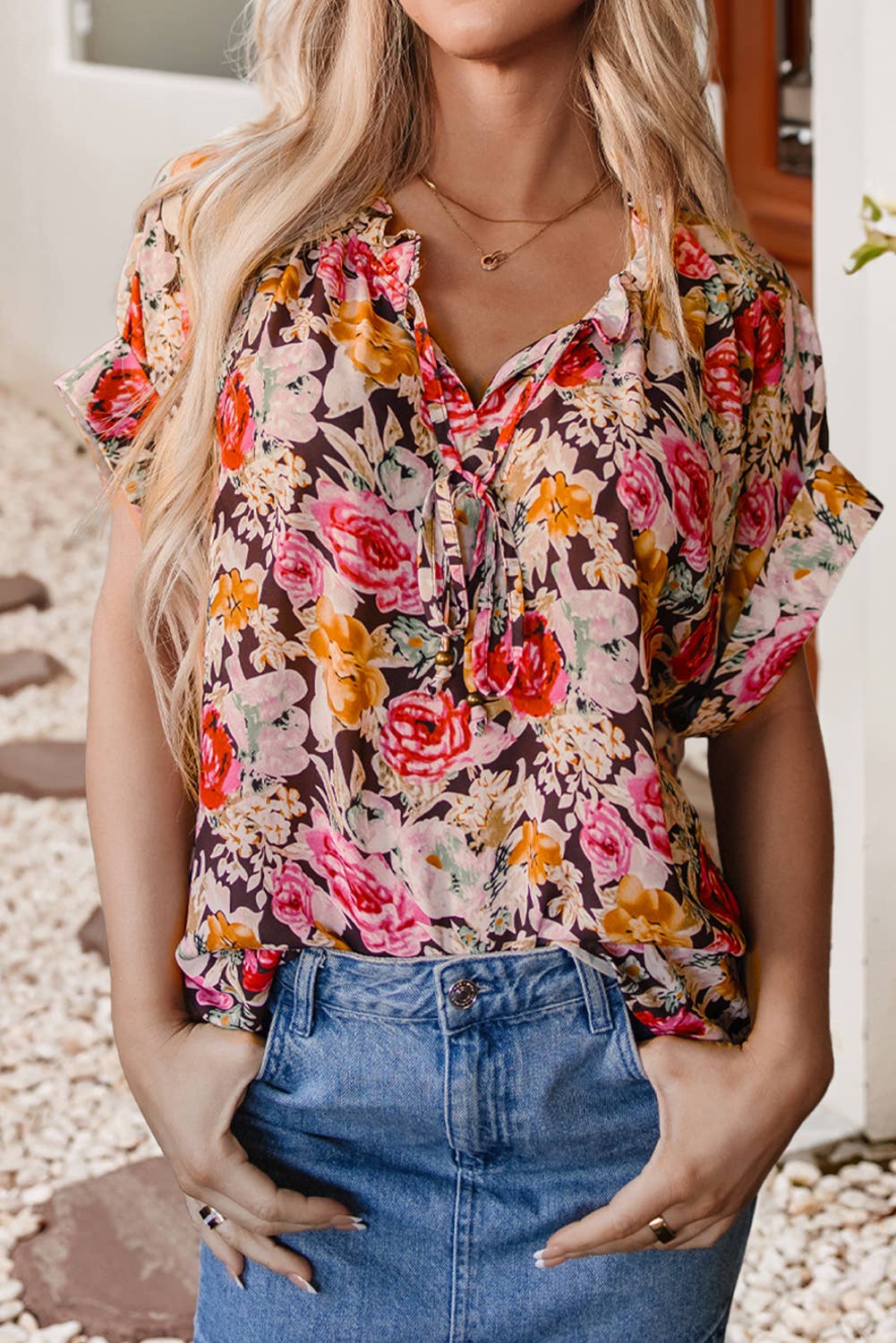 LDC Floral Print Crew Neck Short Sleeve Shift Blouse: Pink
