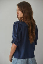 Load image into Gallery viewer, Woven Cotton Buttondown V-Neck Short Sleeve Top: Navy
