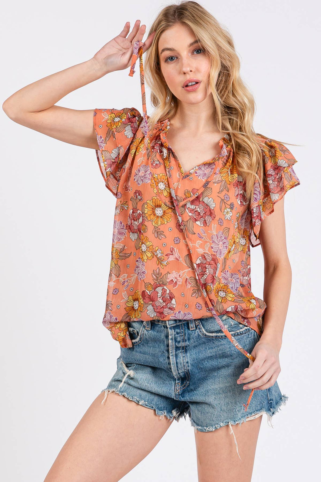 Boho Flower Print Ruffle Sleeve Blouse