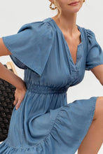Load image into Gallery viewer, SPLIT NECK FLOUNCE CHAMBRAY MINI DRESS: CHAMBRAY
