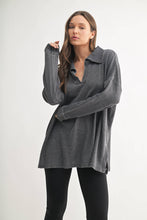 Load image into Gallery viewer, Cotton Blend Waffle Knit Oversized Collared Long Sleeve: Black
