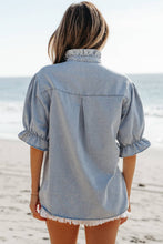 Load image into Gallery viewer, Ruffle Short Puff Sleeve Summer Chambray Shirt: Beau Blue
