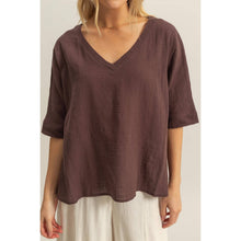 Load image into Gallery viewer, V-Neck Oversized Semi-Sheer Cotton Top: BROWN
