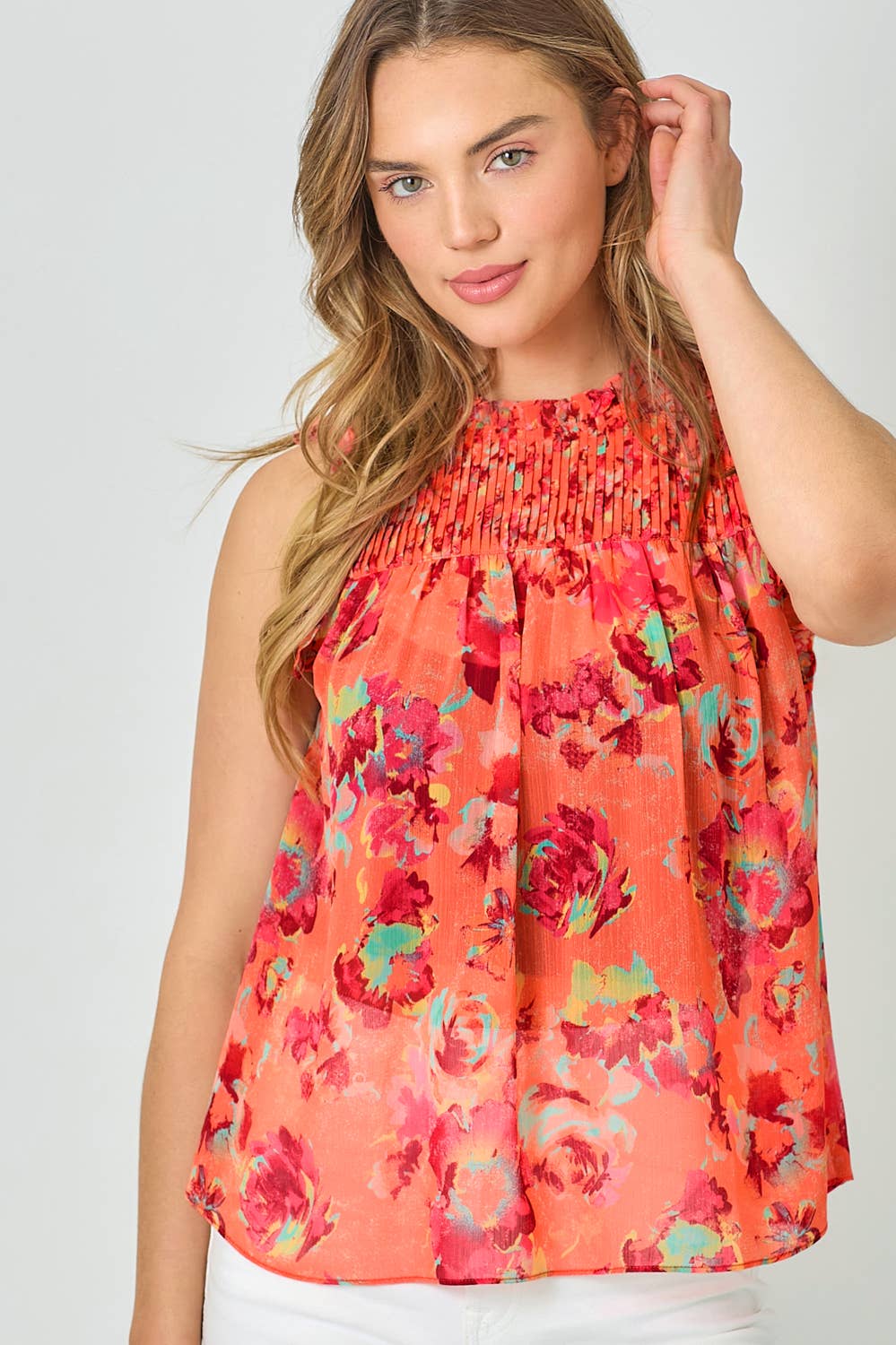 61024 Sleeveless Ruffled Floral Print Top: Tomato / Small