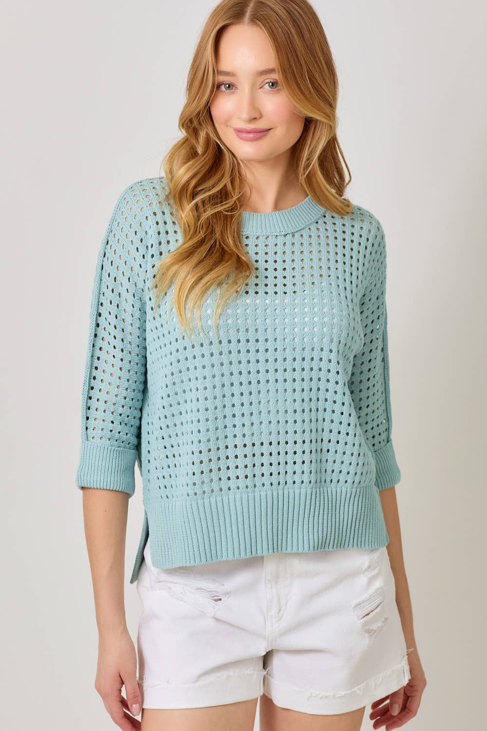 Open Stitch High Low Sweater: Powder Blue