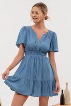 Load image into Gallery viewer, SPLIT NECK FLOUNCE CHAMBRAY MINI DRESS: CHAMBRAY
