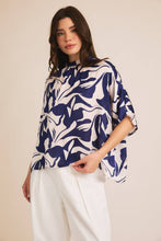 Load image into Gallery viewer, SHORT SLEEVE MOCK NECK SHIRRING ABSTRACT PRINT TOP: NAVY-IVORY ABSTRACT
