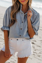 Load image into Gallery viewer, Ruffle Short Puff Sleeve Summer Chambray Shirt: Beau Blue
