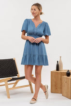 Load image into Gallery viewer, SPLIT NECK FLOUNCE CHAMBRAY MINI DRESS: CHAMBRAY
