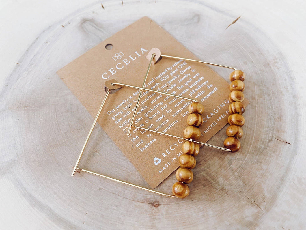 Gold Filled Beaded Square Hoop Earrings: Wood