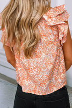 Load image into Gallery viewer, Floral Ruffle Sleeve Split Neck Blouse: Orange

