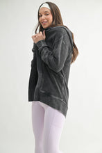 Load image into Gallery viewer, Waffle Knit Mineral-Washed Cardigan: GREY TEAL
