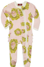 Load image into Gallery viewer, Milkbarn Organic Footed Ruffle Zipper Romper in Artichoke
