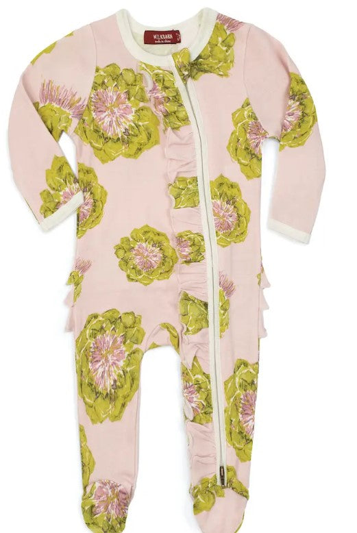 Milkbarn Organic Footed Ruffle Zipper Romper in Artichoke