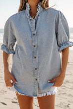 Load image into Gallery viewer, Ruffle Short Puff Sleeve Summer Chambray Shirt: Beau Blue
