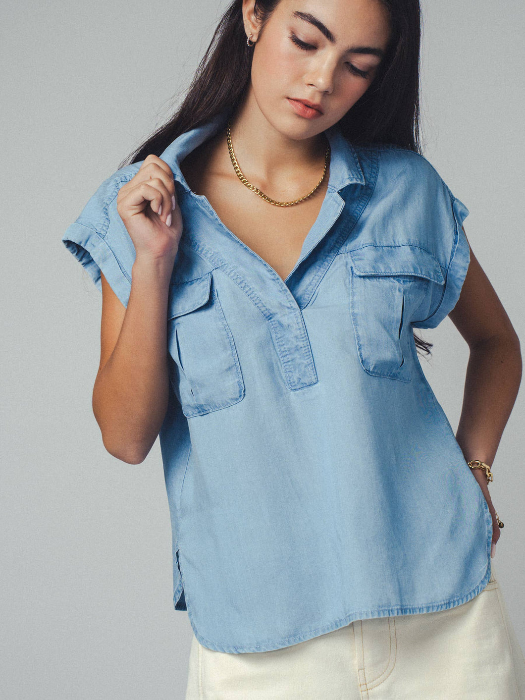 Western-Inspired Tencel Top: LT BLUE