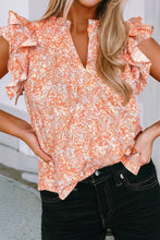 Load image into Gallery viewer, Floral Ruffle Sleeve Split Neck Blouse: Orange
