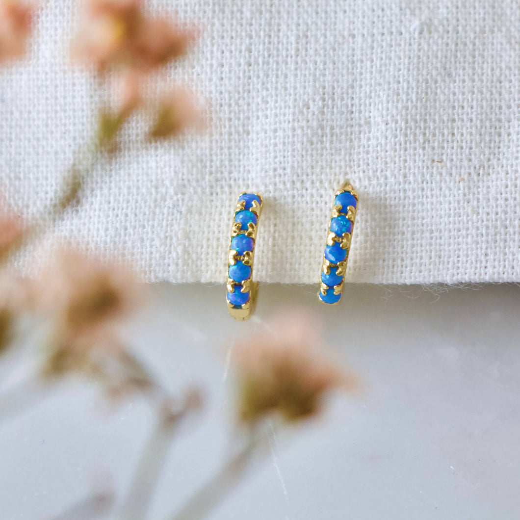 Blue Opal Huggie Hoop Earrings Hypoallergenic, Sterling Silv
