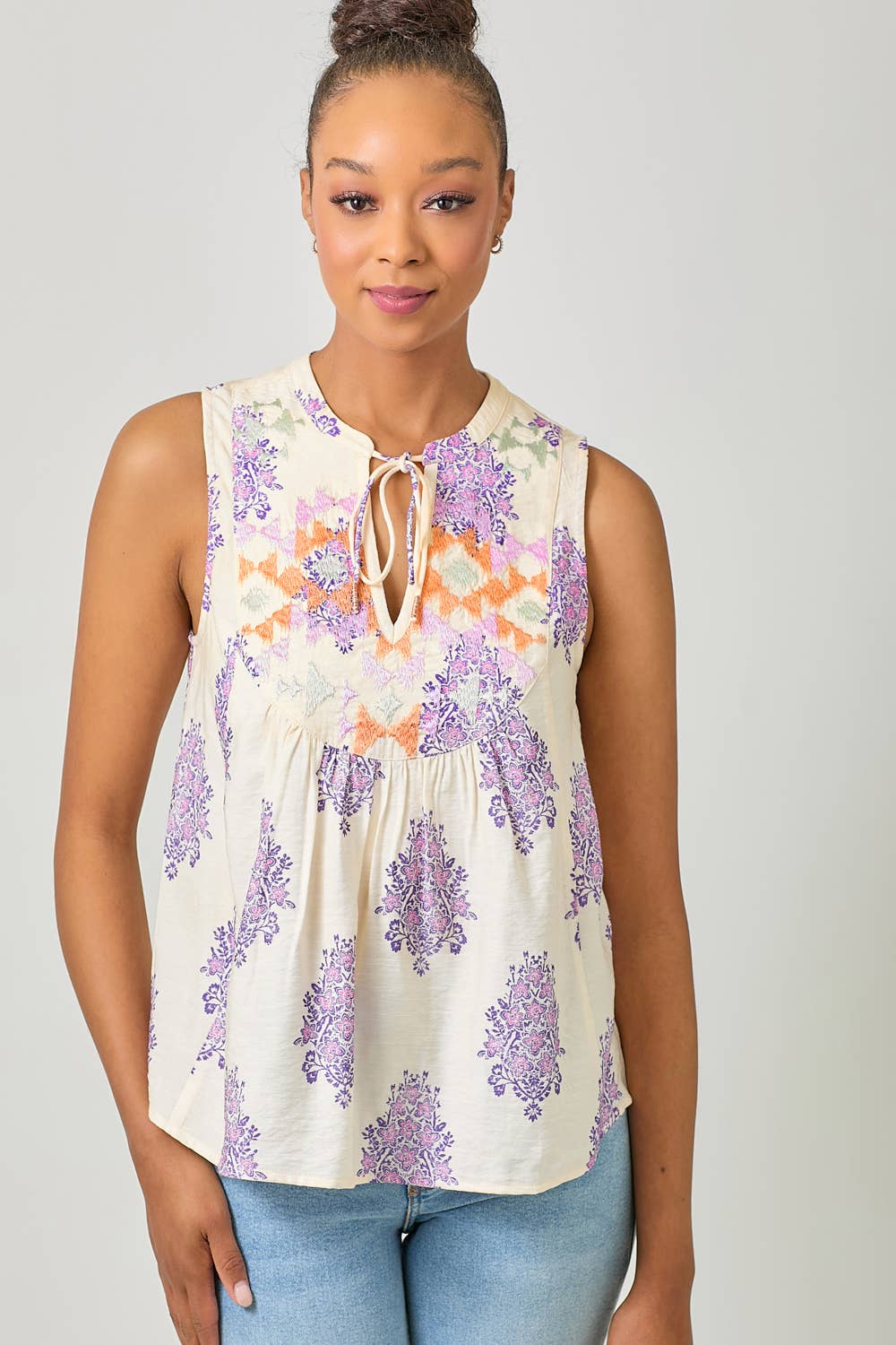 Embroidery Yoke Sleeveless Top: Ivory