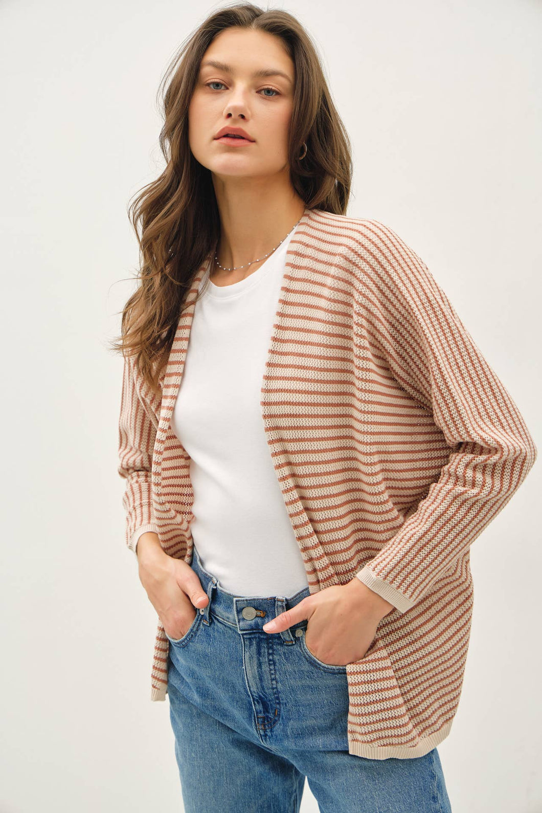 STRIPED DOLMAN SLEEVE OPEN CARDIGAN
