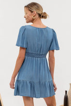 Load image into Gallery viewer, SPLIT NECK FLOUNCE CHAMBRAY MINI DRESS: CHAMBRAY

