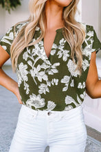 Load image into Gallery viewer, Floral Print Split Neck Short Sleeve Blouse: Green
