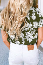 Load image into Gallery viewer, Floral Print Split Neck Short Sleeve Blouse: Green

