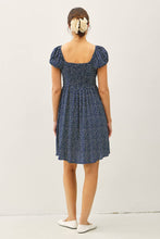 Load image into Gallery viewer, FLORAL PRINT PUFF SLEEVE RUCHED BUST MINI DRESS: Indigo

