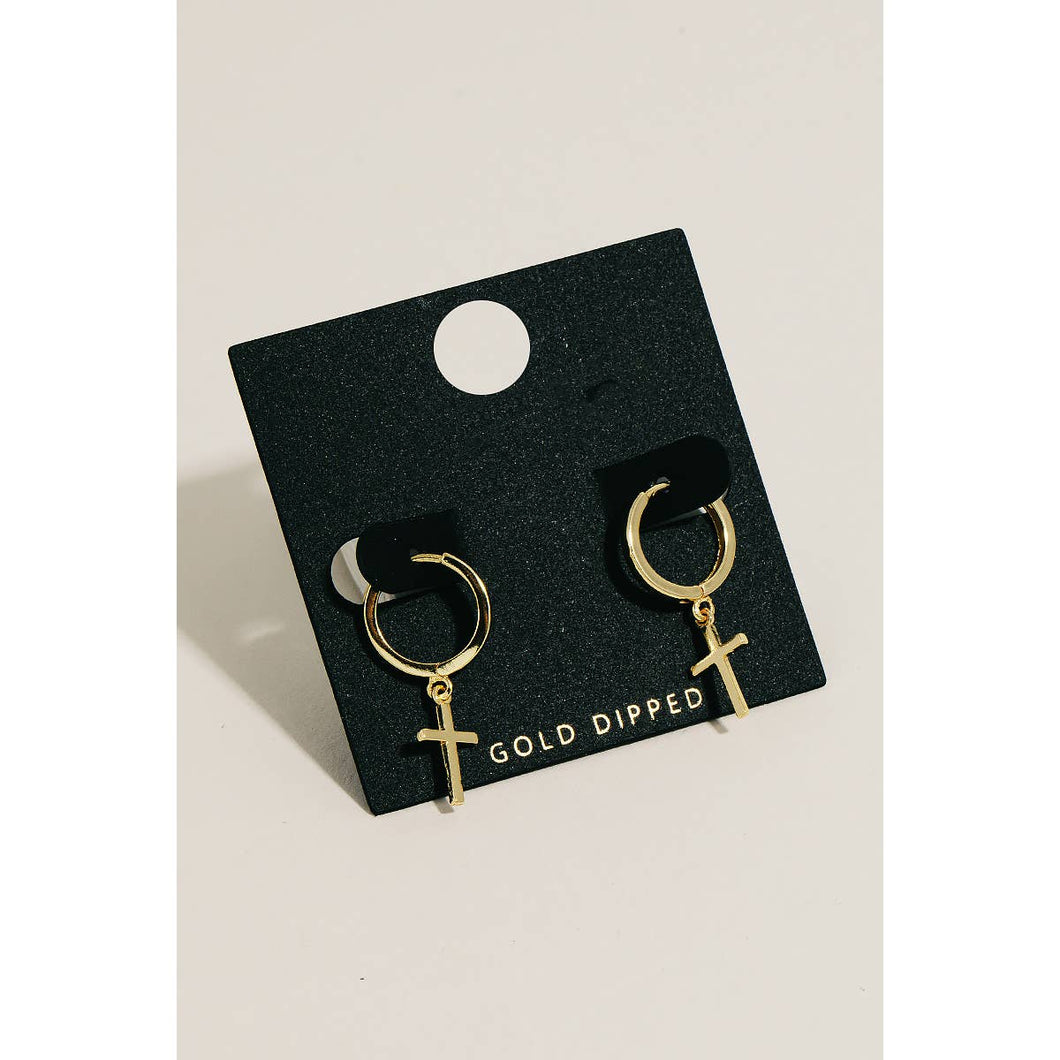 Gold Dipped Cross Charm Hoop Earrings: GOLD