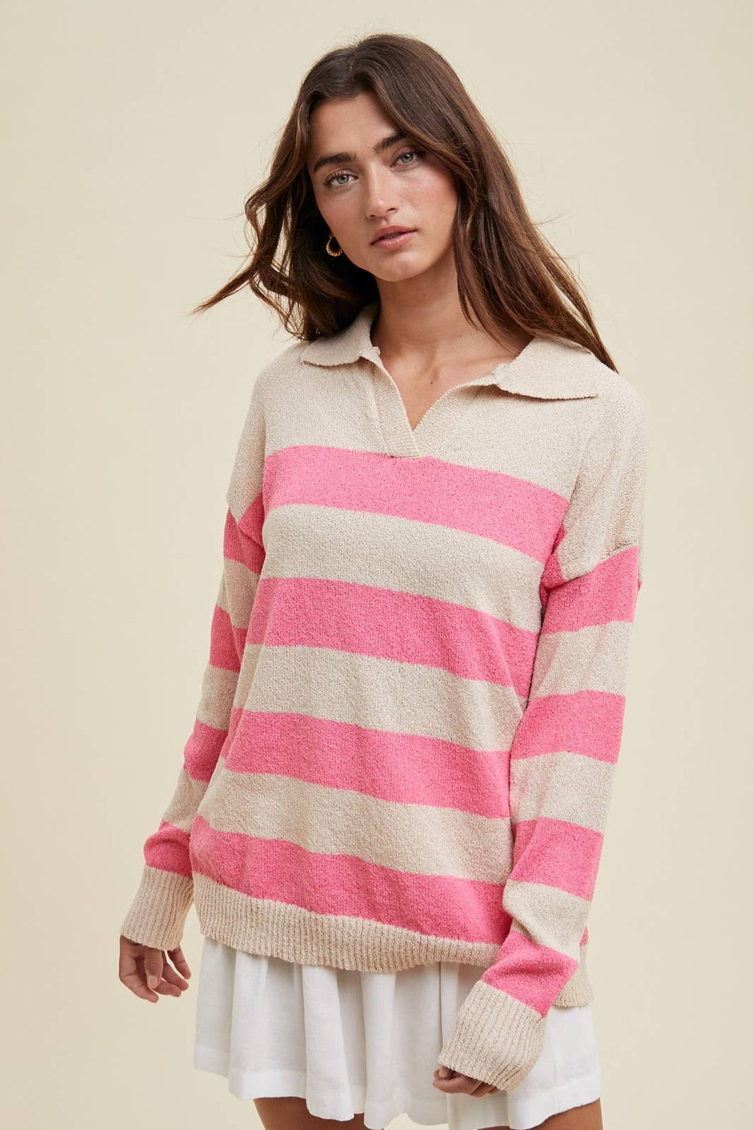 LIGHTWEIGHT COLLARED STRIPED SWEATER TOP