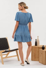 Load image into Gallery viewer, SPLIT NECK FLOUNCE CHAMBRAY MINI DRESS: CHAMBRAY
