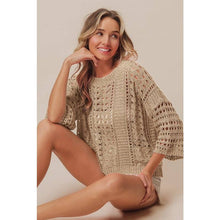 Load image into Gallery viewer, CROCHET KNIT HALF SLEEVES ROUND NECK TOP: OATMEAL
