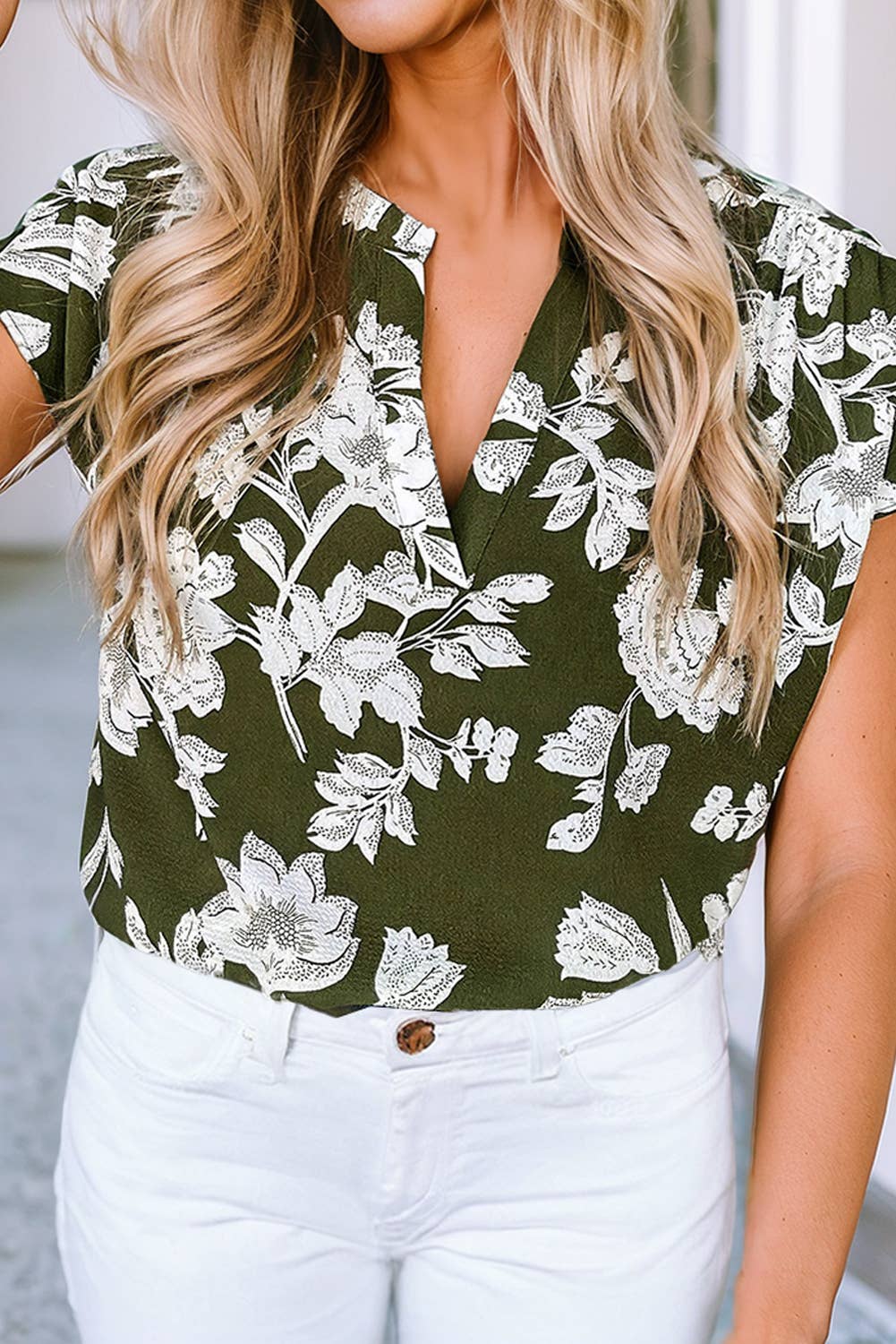 Floral Print Split Neck Short Sleeve Blouse: Green