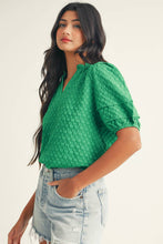 Load image into Gallery viewer, Textured Puff Short Sleeve Notched V Neck Top: Bright Green
