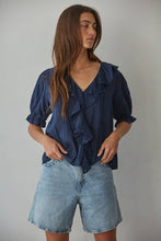 Load image into Gallery viewer, Woven Cotton Buttondown V-Neck Short Sleeve Top: Navy
