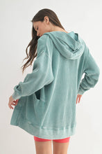 Load image into Gallery viewer, Waffle Knit Mineral-Washed Cardigan: GREY TEAL
