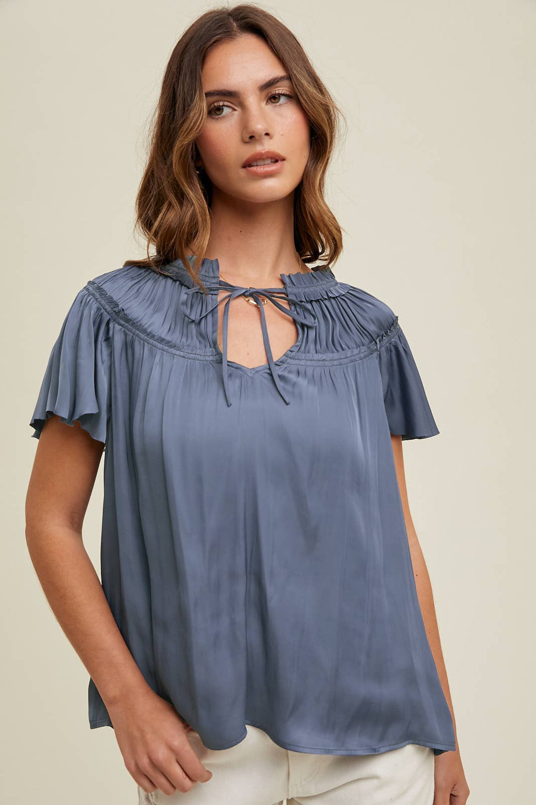 SATIN RUCHED NECK BLOUSE