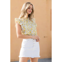 Load image into Gallery viewer, Yellow and Blue Floral Flutter Sleeve Top with Ruffle Trim: YELLOW
